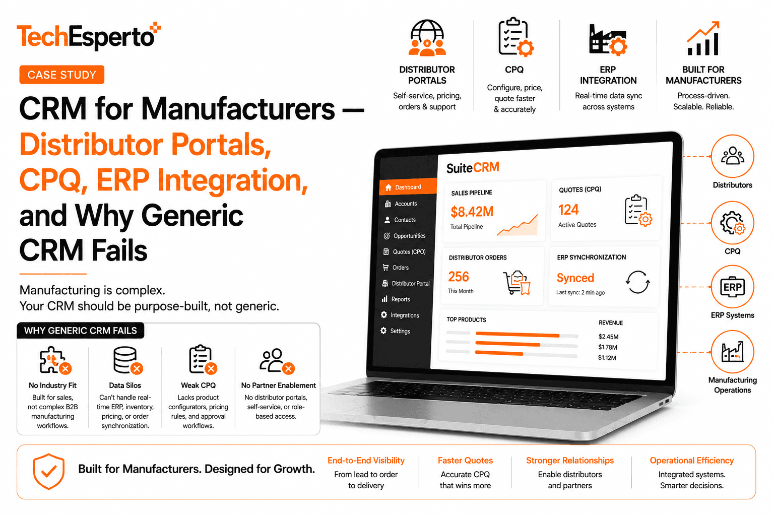 CRM for Manufacturers — Distributor Portals, CPQ, ERP Integration, and Why Generic CRM Fails